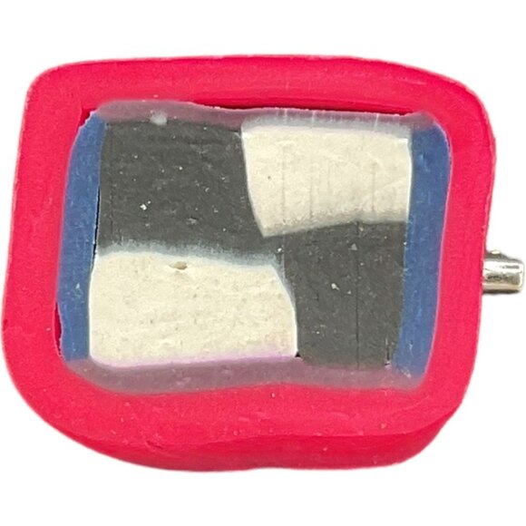Handmade Checkered Polymer Clay Pin Brooch With Red Border - Picture 1 of 4
